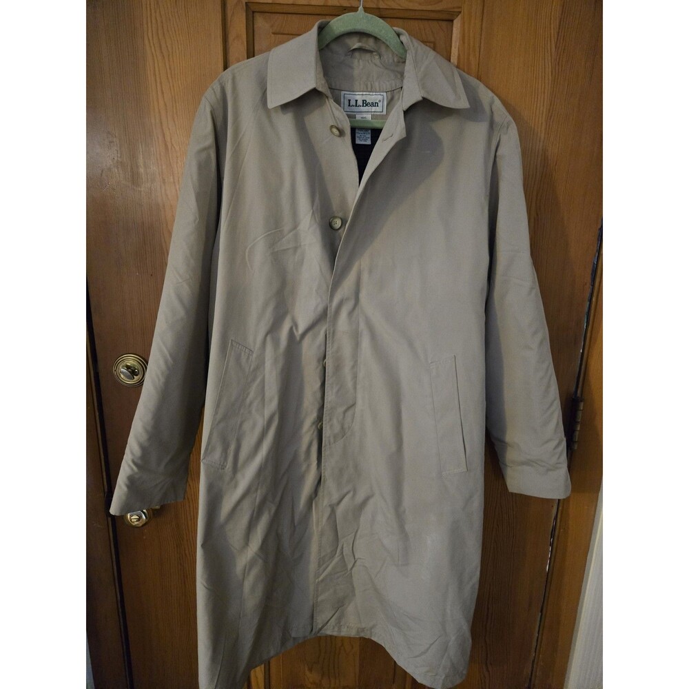 L.L. Bean Button Up Long Trench Coat Khaki wool Lined Mens Medium Unisex